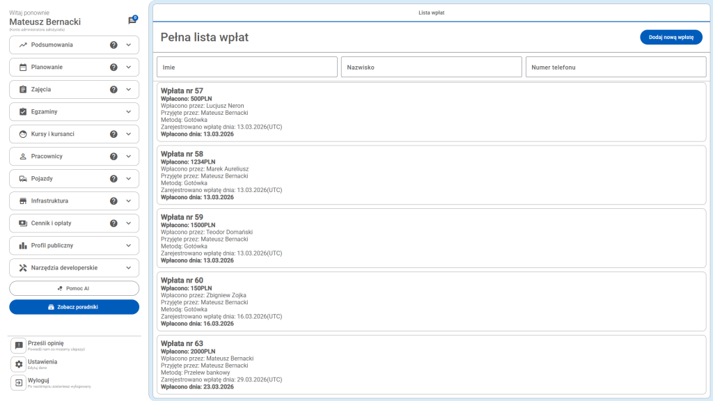 Widok z systemu na lista wpłat kursantów
