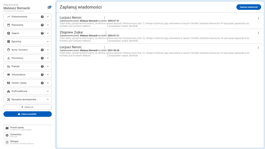 Panel z planowaniem wiadomości do kursantów 