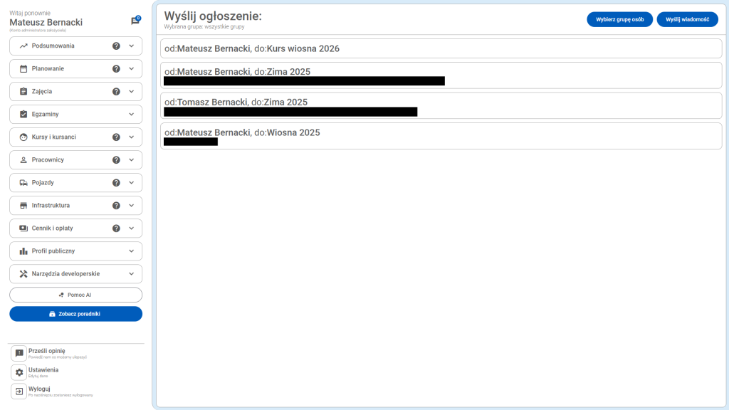Seryjne wysyłanie wiadomości do kursantów 